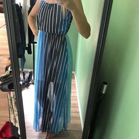 Pin Striped Maxi Dress in Blue w/ spaghetti straps - Picture 2 of 8